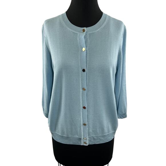 ST. JOHN Blue Cardigan Sweater Wool Button Front Ribbed Crew Neck Knit Sz Medium - Picture 1 of 9